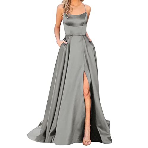 Damen Abendkleid Lang mit Schlitz - Satin Ballkleid Elegant Neckholder Kleider mit Taschen A-Linien Rückenfreies Spaghetti Sexy Abendkleider Lange Hochzeitskleid Brautjungfernkleider Party Kleid von DeaAmyGline