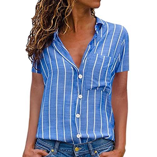 Damen Gestreifte Bluse Kurzarm Knopfleiste Hemd T Shirt mit Brusttasche Sommer Oberteile Streifen Revers V Ausschnitt Lässige Arbeits Hemdbluse Blusenshirt Tops T-Shirts Blusen für Frauen von DeaAmyGline