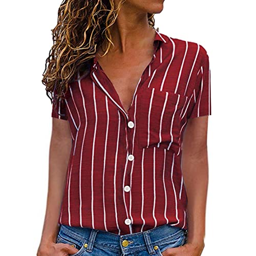 Damen Gestreifte Bluse Kurzarm Knopfleiste Hemd T Shirt mit Brusttasche Sommer Oberteile Streifen Revers V Ausschnitt Lässige Arbeits Hemdbluse Blusenshirt Tops T-Shirts Blusen für Frauen von DeaAmyGline