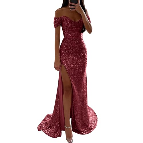 DeaAmyGline Abendkleid Damen Lang Glitzer Kleid Schulterfrei Pailettenkleider Bodycon Kleid mit Schlitz Etuikleid Abiballkleider Elegant Hochzeit Gast Partykleid Ballkleid Glitzerkleid von DeaAmyGline