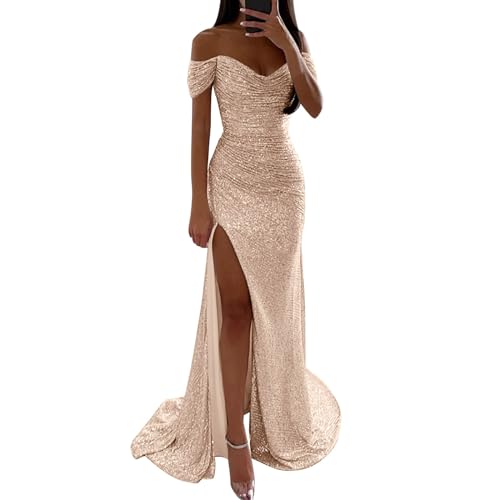 DeaAmyGline Abendkleid Damen Lang Glitzer Kleid Schulterfrei Pailettenkleider Bodycon Kleid mit Schlitz Etuikleid Abiballkleider Elegant Hochzeit Gast Partykleid Ballkleid Glitzerkleid von DeaAmyGline