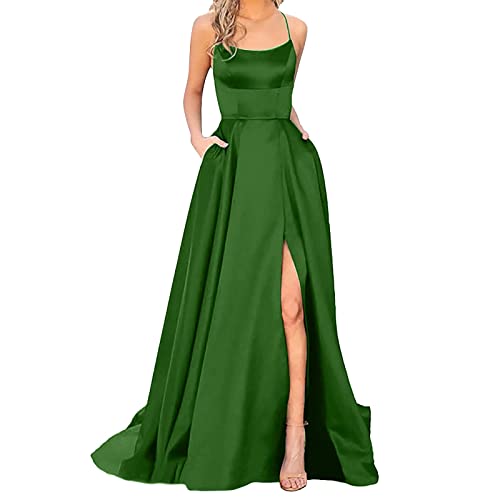 DeaAmyGline Abendkleid Damen Lang Satinkleid Seidensticker Spaghettiträger Kleider Neckholder Rückenfreies mit Schlitz Sexy Swing Abendkleider Elegant Hochzeit Gast Ballkleid Partykleid von DeaAmyGline
