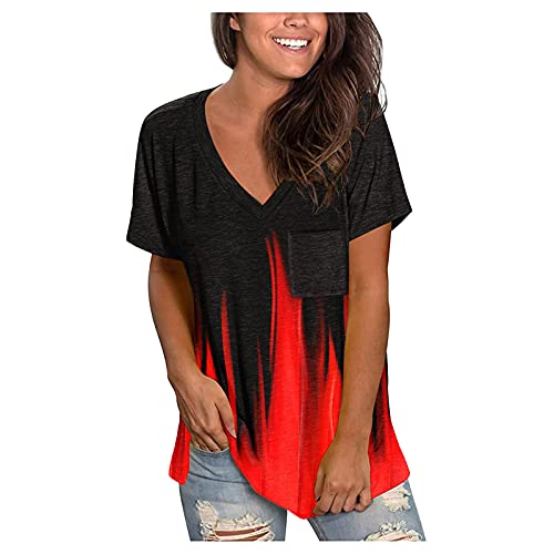 DeaAmyGline Damen T Shirt V Ausschnitt Sommer Oberteile Kurzarm Tunika Große Größen Bluse Elegant Oberteil mit Brusttasche Farbverlauf Lässige Lockere Longshirt Tops T-Shirts Blusen für Frauen von DeaAmyGline