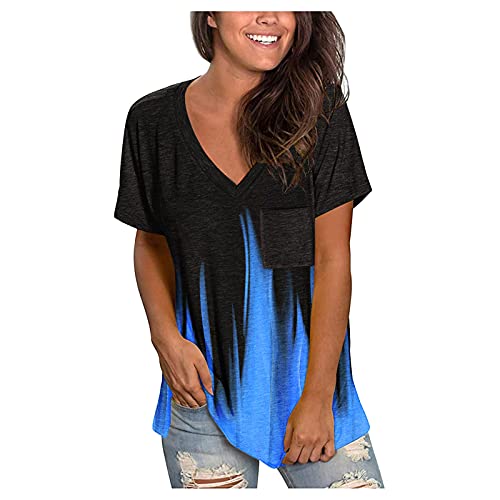 DeaAmyGline Damen T Shirt V Ausschnitt Sommer Oberteile Kurzarm Tunika Große Größen Bluse Elegant Oberteil mit Brusttasche Farbverlauf Lässige Lockere Longshirt Tops T-Shirts Blusen für Frauen von DeaAmyGline