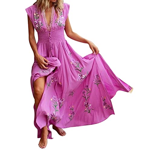 DeaAmyGline Formelle Kleid Damen V Ausschnitt Hide Belly Kurzarm Summer Strand Urlaub Lange Kleider Maxikleid Boho Sommerkleider Strandkleid Blumenkleid Freizeitkleid Partykleid von DeaAmyGline