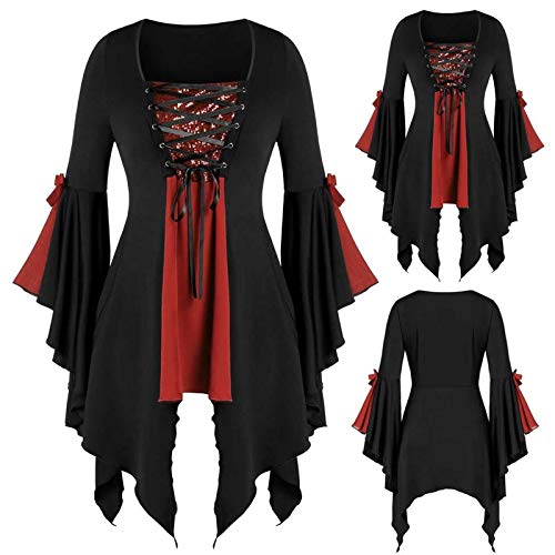 DeaAmyGline Gothic Kleid Damen Shirtkleid - Mittelalter Kleidung Damen Kleider Traditionelle Irische Kleid Trompetenärmel Glitzer Bandage Hexenkleid für Frauen Halloween Kostüm Karneval Cosplay Party von DeaAmyGline