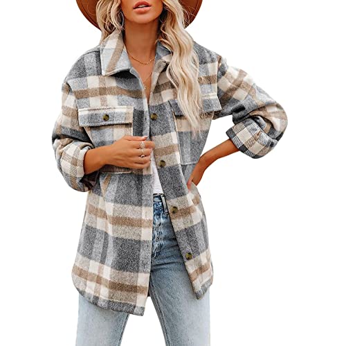 DeaAmyGline Karierte Damen Hemdjacke Flanell Shacket Karo Hemd Jacke Langarm Bluse Mantel Mit Knöpfen Lässige Vintage Jacken für Frauen Teenager Mädchen Frühling und Herbst von DeaAmyGline