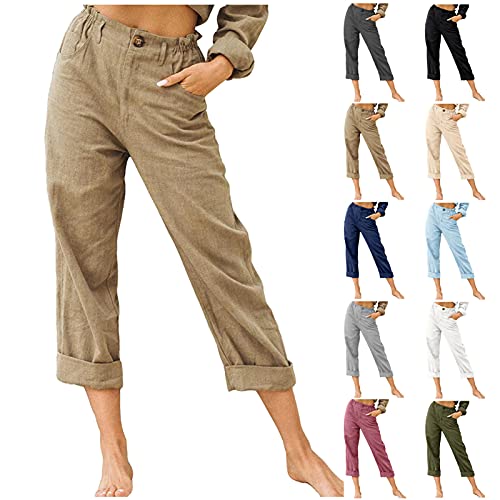 DeaAmyGline Leinenhose Damen Sommer Hosen Lang Sommerhose Leicht Baumwolle Leinen Hose Cool Atmungsaktiv Lässig High Waist Freizeithose Elastische Taille Vintage Strandhose von DeaAmyGline