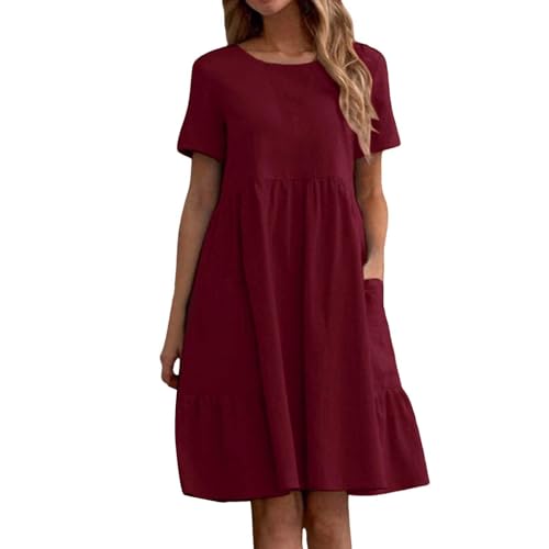 DeaAmyGline Leinenkleid Damen Sommer Sommerkleid Knielang Leinen Kleid Elegant Vintage Einfarbig Kurzarm Locker Leicht Luftig Strandkleid Kleider Midikleid mit Tasche Freizeitkleid von DeaAmyGline