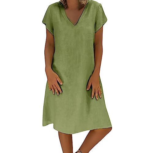 DeaAmyGline Leinenkleid Damen Sommer Sommerkleid Leicht und Luftig T Shirt Kleid Knielang Blusenkleid V Ausschnitt Casual Lose Tunika Midikleid Freizeitkleid Baumwolle Leinen Kleider von DeaAmyGline