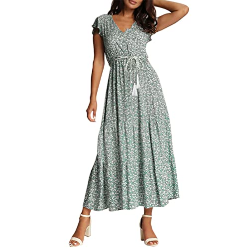 DeaAmyGline Maxikleider Blumen Kleid Damen Flügelärmel Sommerkleid Boho V-Ausschnitt Kurzarm Summer Strand Strandkleid Sommerkleider Freizeitkleid Langes Kleider Maxikleid von DeaAmyGline