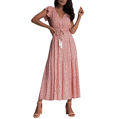 DeaAmyGline Maxikleider Blumen Kleid Damen Flügelärmel Sommerkleid Boho V-Ausschnitt Kurzarm Summer Strand Strandkleid Sommerkleider Freizeitkleid Langes Kleider Maxikleid von DeaAmyGline
