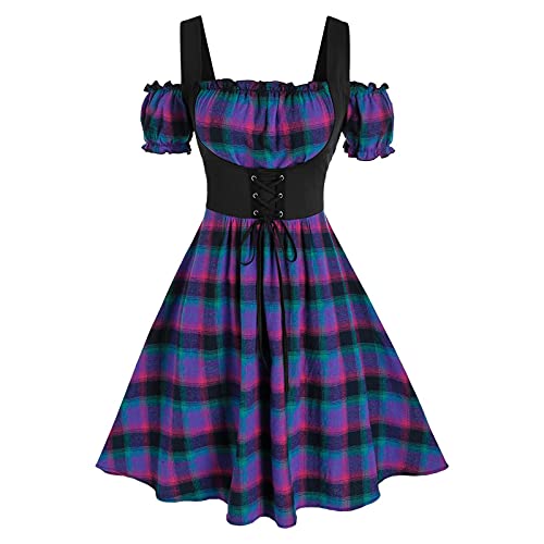DeaAmyGline Punk Kleid Damen Dirndl Trachtenkleid Oktoberfest Maid Gothic Kleidung Kariertes Palast Mittelalter Vintage Renaissance Viktorianischen Halloween Kostüm Karneval Cosplay Kleider von DeaAmyGline