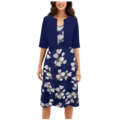 DeaAmyGline Sommerkleid Damen Knielang Kleider Festlich Elegant Abendkleid Brautmutterkleider mit Jacke Blumen Aufdruck Brautmutter Kleid Hochzeitsgast Cocktailkleid Partykleid von DeaAmyGline