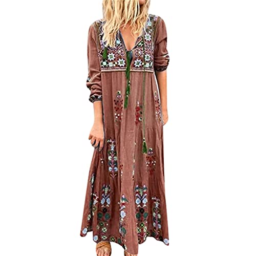 DeaAmyGline Sommerkleid Damen Lang - Boho Kleid Langarm Damen,Maxikleid Damen Sommer V Ausschnitt Blumen Drucken Strandkleid Maxi Langes Kleider Elegant Festlich Ethno Blumenkleid Lose Freizeitkleid von DeaAmyGline