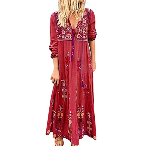 DeaAmyGline Sommerkleid Damen Lang - Boho Kleid Langarm Damen,Maxikleid Damen Sommer V Ausschnitt Blumen Drucken Strandkleid Maxi Langes Kleider Elegant Festlich Ethno Blumenkleid Lose Freizeitkleid von DeaAmyGline