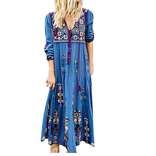 DeaAmyGline Sommerkleid Damen Lang - Boho Kleid Langarm Damen,Maxikleid Damen Sommer V Ausschnitt Blumen Drucken Strandkleid Maxi Langes Kleider Elegant Festlich Ethno Blumenkleid Lose Freizeitkleid von DeaAmyGline