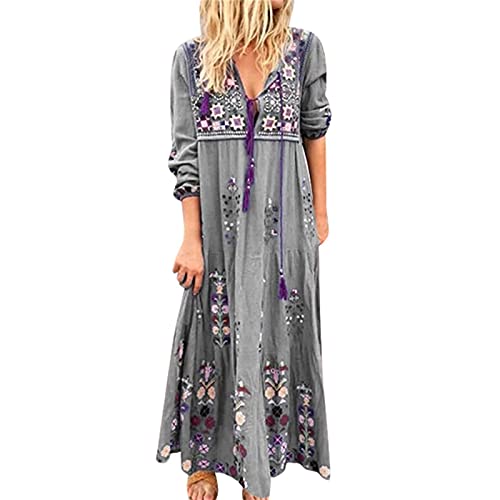 DeaAmyGline Sommerkleid Damen Lang - Boho Kleid Langarm Damen,Maxikleid Damen Sommer V Ausschnitt Blumen Drucken Strandkleid Maxi Langes Kleider Elegant Festlich Ethno Blumenkleid Lose Freizeitkleid von DeaAmyGline