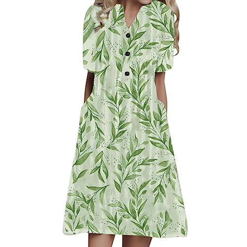 DeaAmyGline Sommerkleid Damen Lang Kleider Festlich Elegant Strandkleid Sommer V Ausschnitt Knöpfen Midikleid Halbarm Blumen Drucken Tunika Swing Lange Kleider Partykleid Freizeitkleid von DeaAmyGline