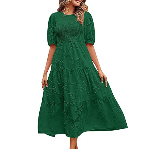 DeaAmyGline Sommerkleid Damen Lang Maxikleid Sommer Kleid Elegant Smocked Spitzen Blumenmuster Rundhals Tiered Flowy Strandkleid Lange Kleider Elegant Partykleid Freizeitkleid von DeaAmyGline