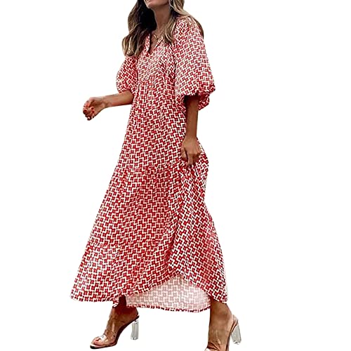 DeaAmyGline Sommerkleid Damen Lang Maxikleid Sommer Strandkleid Boho Kleid V Ausschnitt 3/4 Arm Puffärmel Oversize Lockerer Lange Kleider Bohemian Bedruckt Freizeitkleid Partykleid von DeaAmyGline