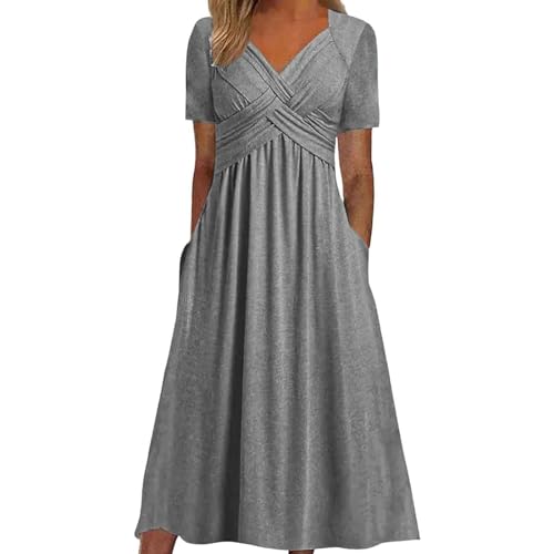 DeaAmyGline Sommerkleid Damen Lang Maxikleid V Ausschnitt Tunika Kleid Sommer Strandkleid Elegant Kurzarm Lange Kleider mit Taschen Plissee Einfarbig Freizeitkleid Blusenkleid Midikleid von DeaAmyGline