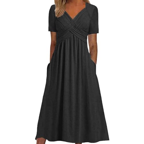 DeaAmyGline Sommerkleid Damen Lang Maxikleid V Ausschnitt Tunika Kleid Sommer Strandkleid Elegant Kurzarm Lange Kleider mit Taschen Plissee Einfarbig Freizeitkleid Blusenkleid Midikleid von DeaAmyGline
