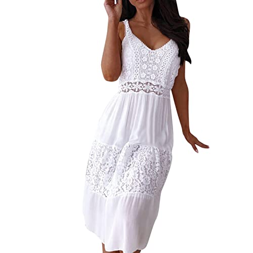 DeaAmyGline Sommerkleid Damen Spitzenkleid Trägerkleid Midikleid Strandkleid Sommer Weißes Spitzen Träger Chiffon Kleider Festlich Elegant Spitzenkleid Partykleid Freizeitkleid von DeaAmyGline