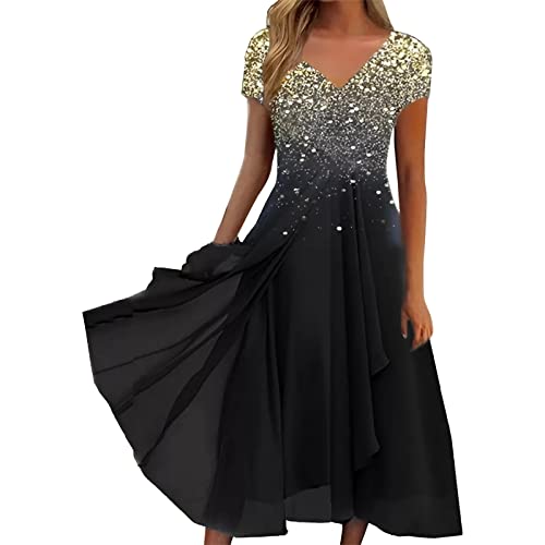 DeaAmyGline Sommerkleid Damen V Ausschnitt Abendkleid Lang Kleider Festlich Elegant Maxikleid Sommer Glitzer Druck Rüschen Swing Cocktailkleid Partykleid Hochzeitsgast Kleid Freizeitkleid von DeaAmyGline