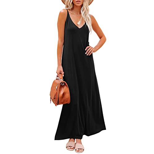 DeaAmyGline Strandkleid Damen Freizeitkleid Sommerkleid Summer Freizeitkleid Kleid Ärmelloses V-Ausschnitt lockeres Luftiges Plain Comfy Lange Maxikleid Kleider von DeaAmyGline