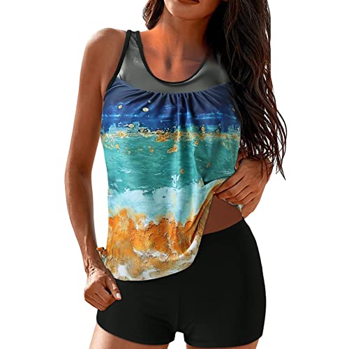 DeaAmyGline Tankini Damen Bauchweg mit Shorts,Bademode Set Push Up Gepolstert Zweiteiliger Badeanzug mit Muster Tankinis Oberteil mit Badeshorts Strandmode Sport Beachwear von DeaAmyGline