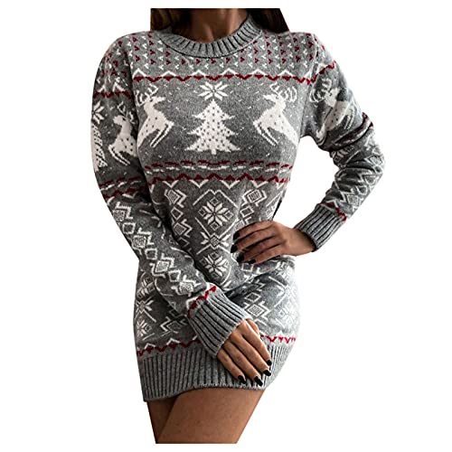 DeaAmyGline Weihnachtskleid Damen Strickkleid Kleid Weihnachten Pulloverkleid Weihnachts Kleider Pullover Kleid mit Elch Schneeflocke Weihnachtsmotiv Langarm Pulli Sweater Minikleid für Frauen von DeaAmyGline