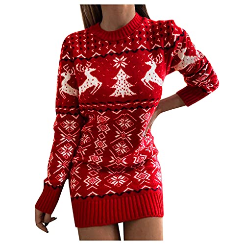 DeaAmyGline Weihnachtskleid Damen Strickkleid Kleid Weihnachten Pulloverkleid Weihnachts Kleider Pullover Kleid mit Elch Schneeflocke Weihnachtsmotiv Langarm Pulli Sweater Minikleid für Frauen von DeaAmyGline