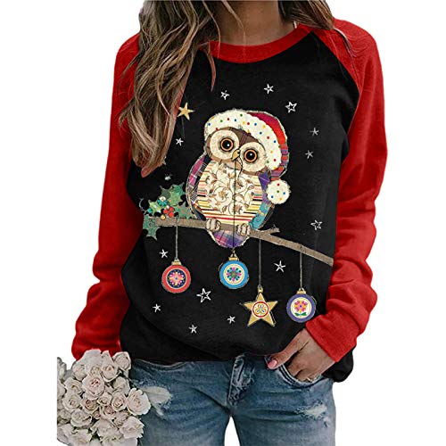 DeaAmyGline Weihnachtspullover Damen Langarmshirt Pullover Weihnachten Sweatshirt T-Shirt Langarm Weihnachtsshirt mit Eule Weihnachtsmotiv Weihnachts Oberteile Bluse Tops für Frauen Teenager Mädchen von DeaAmyGline