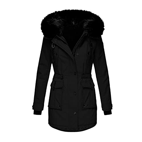 DeaAmyGline Winterjacke Damen Lang Winter Jacke Mantel Parka mit Fellkapuze Fleece Gefüttert Verdicken Warme Plüsch Futter Wintermantel Winterparka Fleecejacke Baumwolljacke Kapuzenjacke Daunenjacke von DeaAmyGline