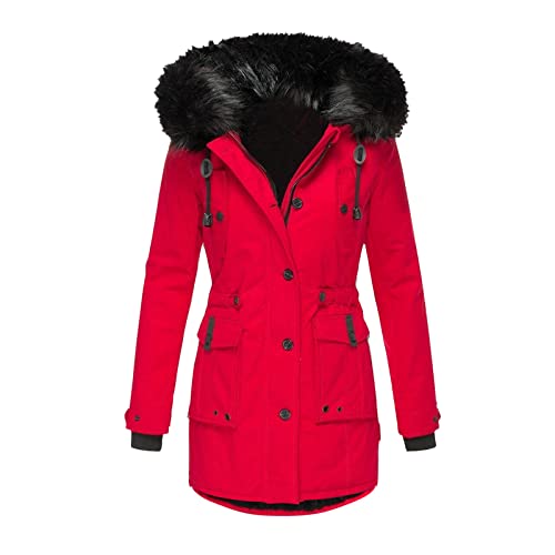 DeaAmyGline Winterjacke Damen Lang Winter Jacke Mantel Parka mit Fellkapuze Fleece Gefüttert Verdicken Warme Plüsch Futter Wintermantel Winterparka Fleecejacke Baumwolljacke Kapuzenjacke Daunenjacke von DeaAmyGline