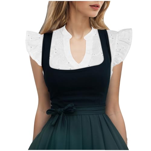 Dirndl Bluse Damen Flügelärmel - Dirndlbluse Damen Weiß V Ausschnitt Knopfleiste Kurzarm Lochstickerei Trachtenbluse Weiss Bayrische Dirndlblusen Trachtenblusen Oktoberfest Oberteil Trachten Blusen von DeaAmyGline