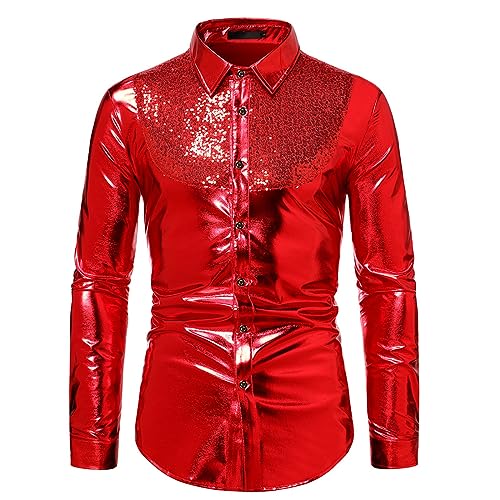 Disco Hemd Herren 70er, 80er Jahre Outfit Herren Glitzer Hemd Langarm Metallic Pailletten Glänzend Wetlook Hemden für Party Karneval Kustüm Discokugel Tanz Nachtklub Verkleidung von DeaAmyGline