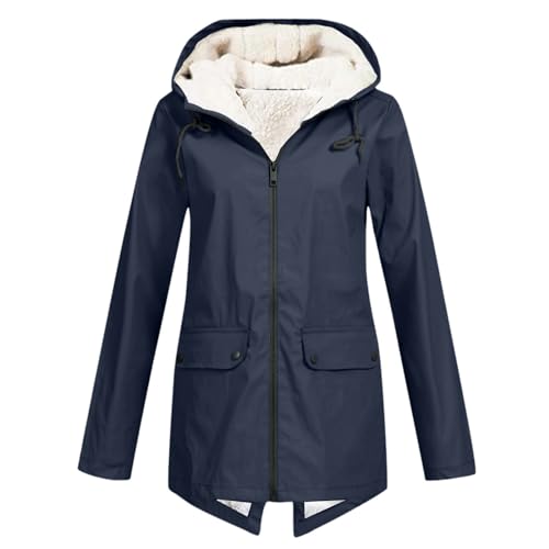 Gefütterte Regenjacke Damen Wasserdicht, Regenmantel Damen Gefüttert Warm,Winterjacke Damen mit Teddyfell Kapuze Outdoor Jacke Mantel Dicke Plüsch Wintermantel Wanderjacke Softshelljacke Regenmantel von DeaAmyGline