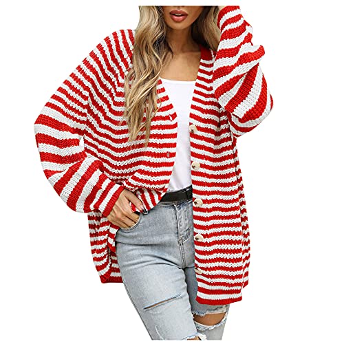 Gestreifter Strickjacke Damen Knopfleiste - Pullover Damen Cardigan Strickmantel Grobstrick Rote Streifen Farbblock Strick Jacke Strickcardigan Sweater Strickjacken für Frauen Herbst Winter von DeaAmyGline