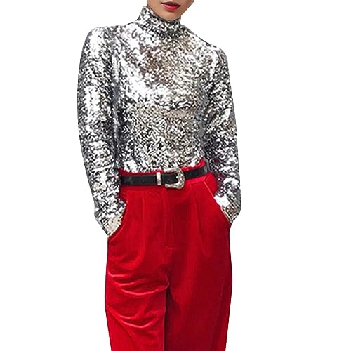 Glitzer Oberteile Damen Pailletten Bluse Elegant Festlich Glänzende Pullover Stehkragen Basic Langarmshirt Pulli Pailettenshirt T Shirt Party Oberteil Top Blusen & Tuniken für Frauen von DeaAmyGline