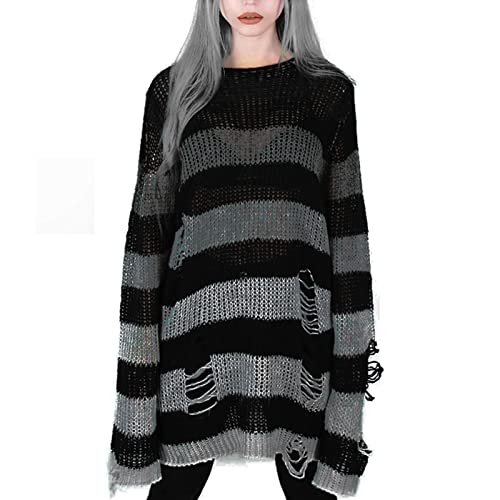 Gothic Pullover Damen Lang - Strickpullover Damen Oversize Punk Kleidung Pulli Langarm Locker Zerrissene Gestricktes Tops Oberteile Langarmshirt Sweater Longpullover Frauen Lässig für Leggings von DeaAmyGline