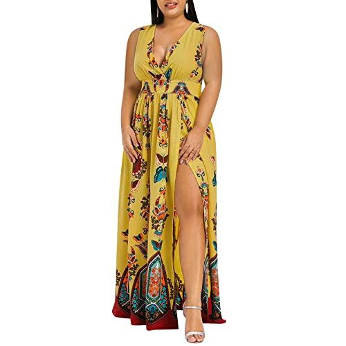 Große Größen Maxikleider Damen Sommer African Style V-Ausschnitt Ärmelloses Schmetterling Bedruckte Front Slit Partykleid Strandkleid Lange Kleid Sommerkleid von DeaAmyGline