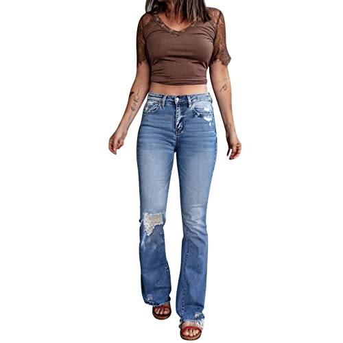 Jeans Damen High Waist - Jeans Damen Sommer Stretch Jeanshose Damen Lang mit Löchern Skinny Schlaghose Stretch Knöpfen Reißverschluss Denim Hose Boyfriend Flared Zerrissene Jeans Hosen Frauen von DeaAmyGline