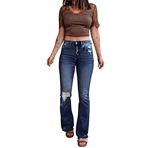 Jeans Damen High Waist - Jeans Damen Sommer Stretch Jeanshose Damen Lang mit Löchern Skinny Schlaghose Stretch Knöpfen Reißverschluss Denim Hose Boyfriend Flared Zerrissene Jeans Hosen Frauen von DeaAmyGline