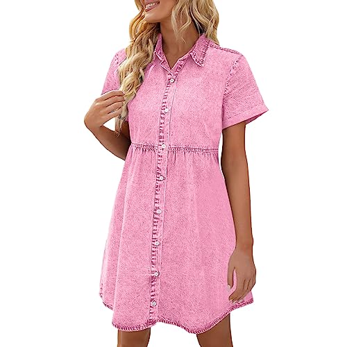Jeanskleid Damen Knielang, Sommerkleid Damen Midi,Jeans Kleid Damen Sommer Kurzarm Revers Knopfleiste Flowy Tiered Babydoll Denim Kleider Oversized Aesthetic Mode Freizeitkleid für Fauen von DeaAmyGline