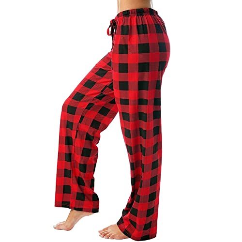 Karierte Pyjamahose Damen Lang, Schlafhose Damen Baggy,Pyjama Hosen Damen mit Taschen und Kordelzug Baggy Hose Rote Kariert Loungehose Schlafanzughose Freizeithose Jogginghose Haushose für Frauen von DeaAmyGline