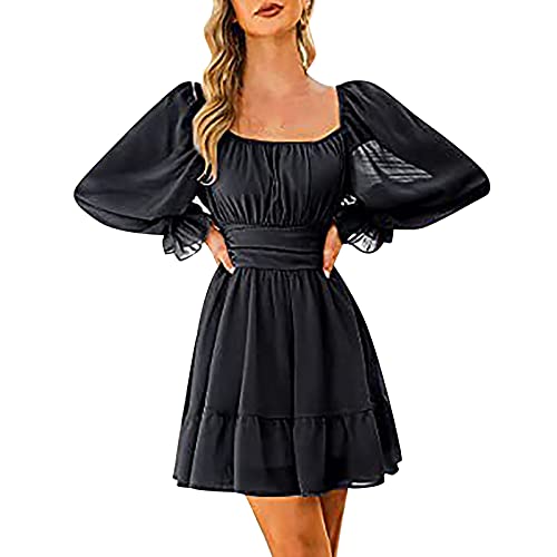 Kleid Langarm Damen Chiffonkleid Puffärmel Quadratischer-Ausschnitt Minikleid Plissee Rüschen Rückenfreies Kleider Festlich Elegant Slim Fit A Linien Midikleid Karnevals Kostüm Partykleid von DeaAmyGline