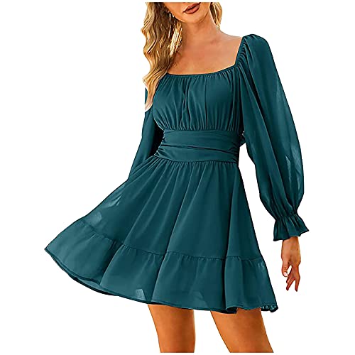 Kleid Langarm Damen Chiffonkleid Puffärmel Quadratischer-Ausschnitt Minikleid Plissee Rüschen Rückenfreies Kleider Festlich Elegant Slim Fit A Linien Midikleid Karnevals Kostüm Partykleid von DeaAmyGline