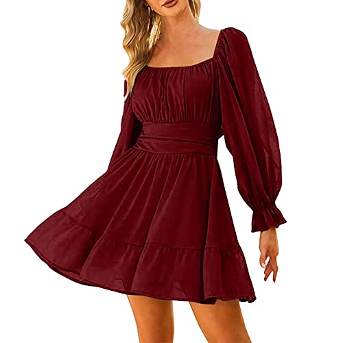 Kleid Langarm Damen Chiffonkleid Quadratischer-Ausschnitt Minikleid Plissee Rüschen Rückenfreies Kleider Festlich Elegant Puffärmel Slim Fit A Linien Midikleid Partykleid von DeaAmyGline